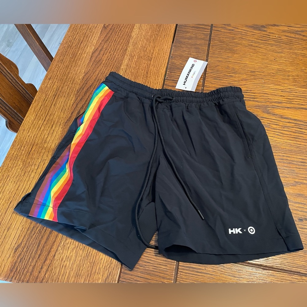 Humankind Black Athletic Shorts with Rainbow Side Stripe